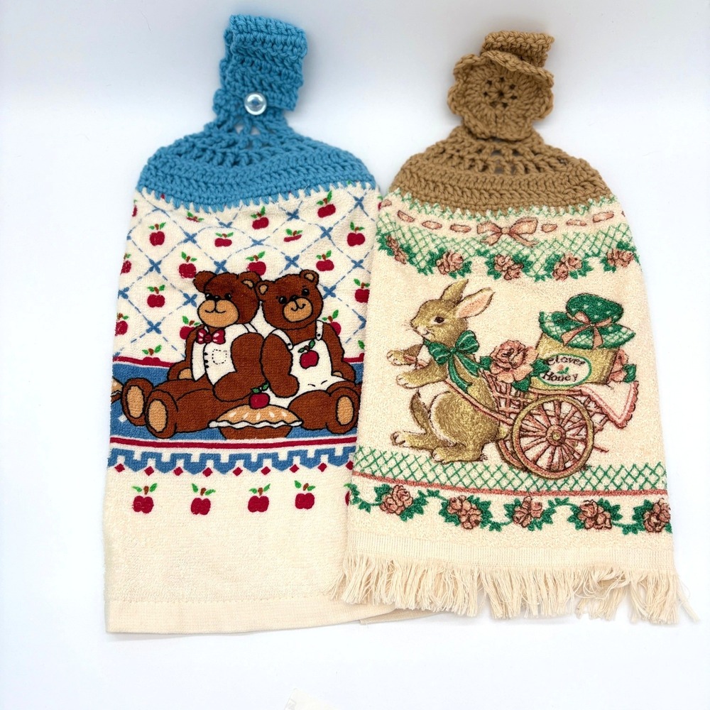 Vintage Crochet Hanging Kitchen Towels Set Bunny Bear Farmhouse Decor